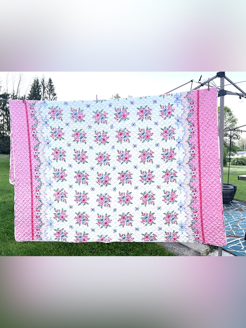 Vintage Quilt Floral Quilted Bedspread Pink White Blue Full / Queen